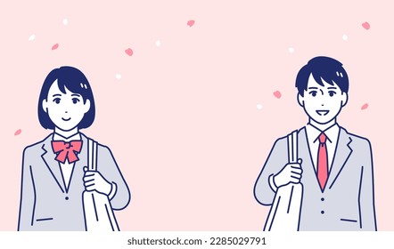 Simple vector illustration material of male and female students looking at the front under the cherry blossoms