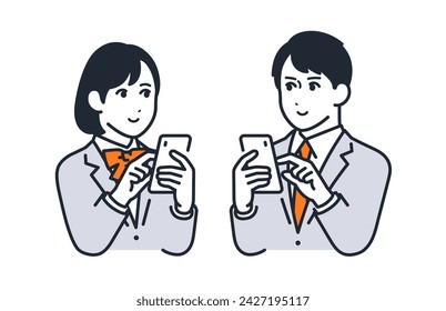 Simple vector illustration material of male and female students operating smartphones