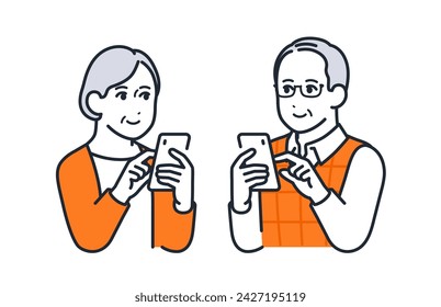 Simple vector illustration material of male and female seniors operating smartphones