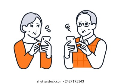 Simple vector illustration material of male and female seniors looking at their smartphones with troubled expressions