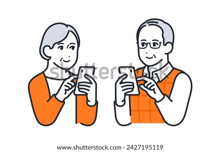 Simple vector illustration material of male and female seniors operating smartphones