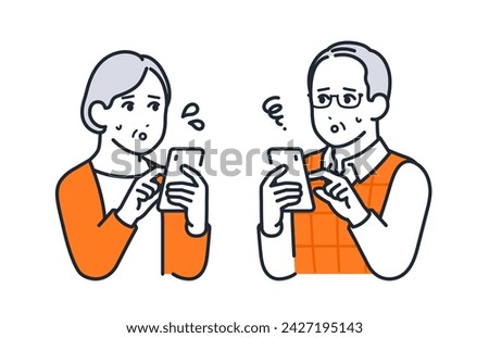 Simple vector illustration material of male and female seniors looking at their smartphones with troubled expressions