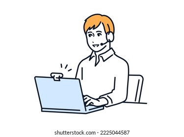 Simple vector illustration material of a man who makes an online call on a PC