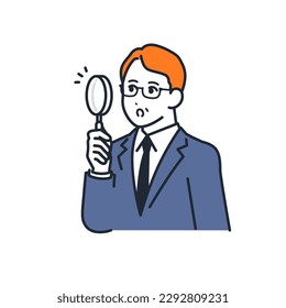 Simple vector illustration material of a middle-aged businessman examining with a magnifying glass