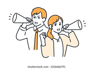 Simple vector illustration material of an office worker who supports with a megaphone