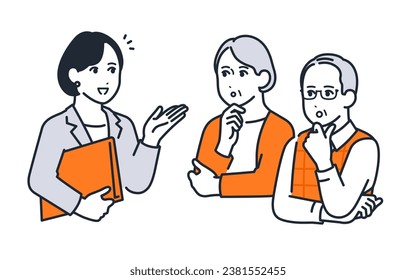 Simple vector illustration material of a senior couple consulting with a female planner