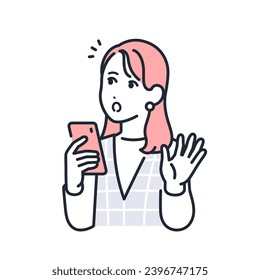 Simple vector illustration material of a surprised stylish young woman holding a smartphone