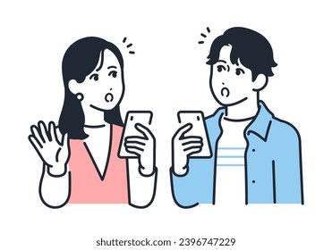 Simple vector illustration material of a surprised young man and woman holding a smartphone