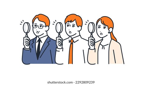 Simple vector illustration material of three office workers examining with a magnifying glass