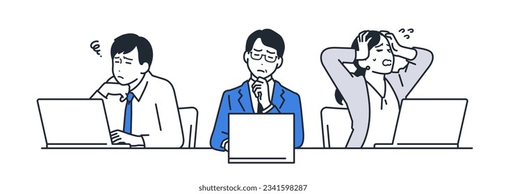 Simple vector illustration material of three business people who are worried in front of a laptop