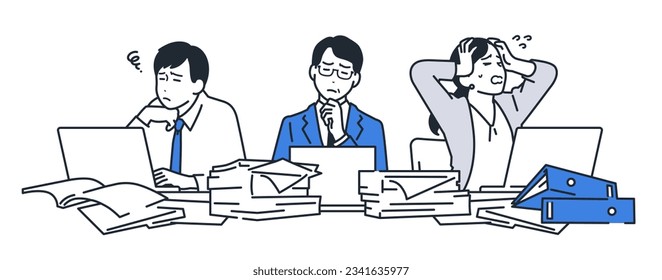 Simple vector illustration material of three business people who are worried about going paperless