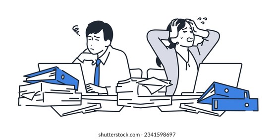Simple vector illustration material of two office workers who are busy with work svg