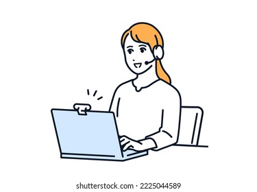 Simple vector illustration material of a woman making an online call on a PC