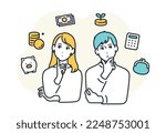 Simple vector illustration material of young men and women thinking about money