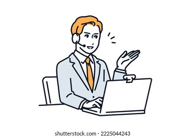 Simple vector illustration material of a young man in a suit who guides you online