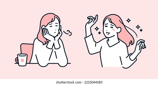 A simple vector illustration material of a young woman whose troubles were solved