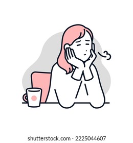 A simple vector illustration material of a young woman who is worried about holding her cheek