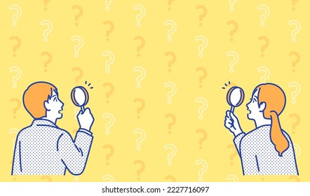 Simple vector illustration material of a young business person looking into a magnifying glass