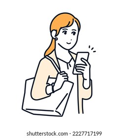 Simple vector illustration material of a young woman operating a smartphone with a smile