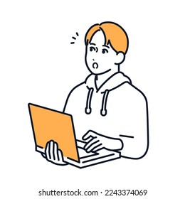 Simple vector illustration material of a young man wearing a hoodie holding a laptop