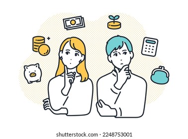 Simple vector illustration material of young men and women thinking about money - Shutterstock ID 2248753001