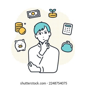 Simple vector illustration material of a young man thinking about investment