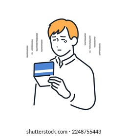 A simple vector illustration material of a young man who is disappointed by looking at the passbook