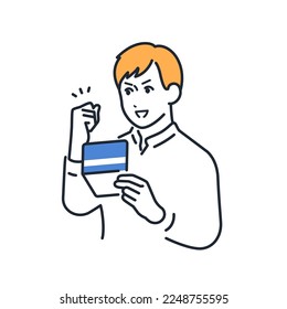 Simple vector illustration material of a young man looking at a passbook and doing a guts pose