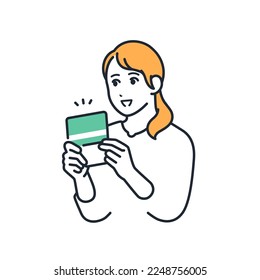 A simple vector illustration material of a young woman looking at a passbook with a smile