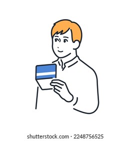 Simple vector illustration material of a young man holding a passbook with a smile