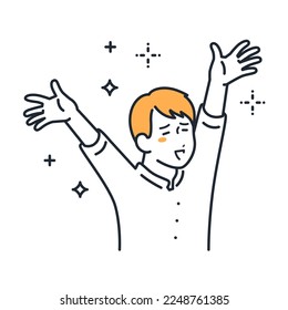 A simple vector illustration material of a young man who is happy to raise his hands