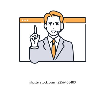 Simple vector illustration material of a young man in a suit serving customers online