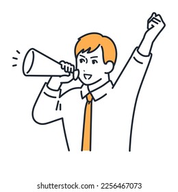 Simple vector illustration material of a young office worker cheering with a megaphone