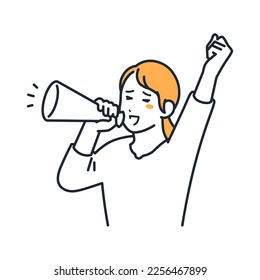 Simple vector illustration material of a young woman cheering with a megaphone