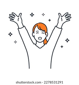 A simple vector illustration material of a young woman who spreads her hands and banzai