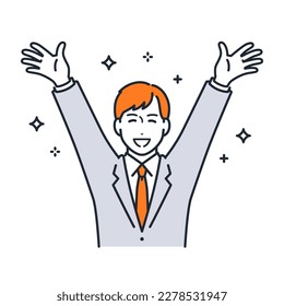 A simple vector illustration material of a young man in a suit who is happy to spread his arms