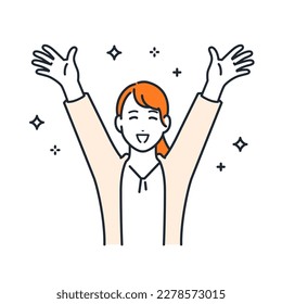 Simple vector illustration material of a young business woman raising her hands with a smile