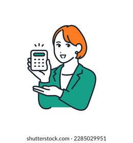 Simple vector illustration material of a young business woman presenting an estimated amount with a calculator