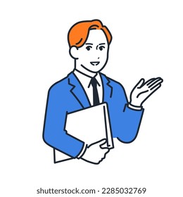 Simple vector illustration material of a young man in a suit holding a file and guiding