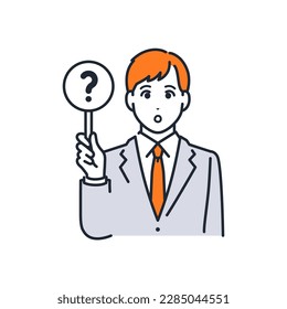 Simple vector illustration material of a young man in a suit holding a question mark tag