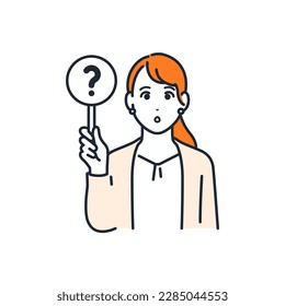 Simple vector illustration material of a young woman in a suit holding a question mark tag