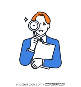 Simple vector illustration material of a young man in a suit looking into a magnifying glass with a smile