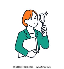 Simple vector illustration material of a young business woman looking into a magnifying glass