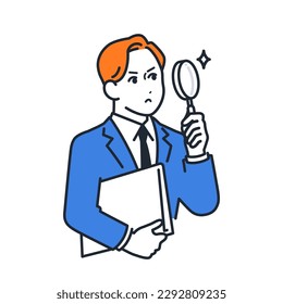 Simple vector illustration material of a young businessman looking through a magnifying glass