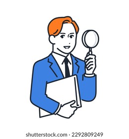 Simple vector illustration material of a young man in a suit with a magnifying glass and a file with a smile