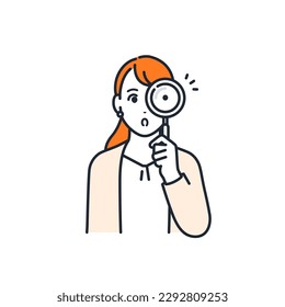 Simple vector illustration material of a young woman in a suit looking through a magnifying glass and analyzing