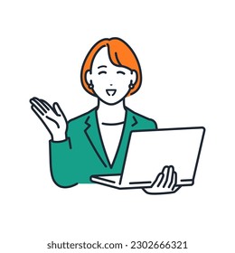 Simple vector illustration material of a young business woman holding a laptop and explaining with a smile