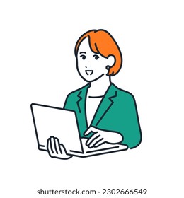 Simple vector illustration material of a young business woman explaining with a laptop