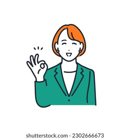 A simple vector illustration material of a young business woman who makes an OK sign with a smile