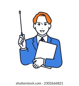 A simple vector illustration material of a young man wearing a suit explaining with a pointing stick